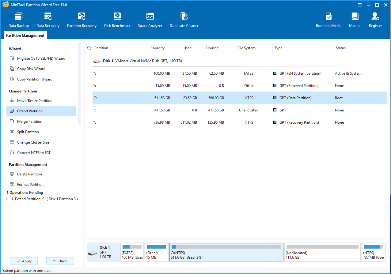 MiniTool Partition Wizard interface with the extend partition operation to be executed.