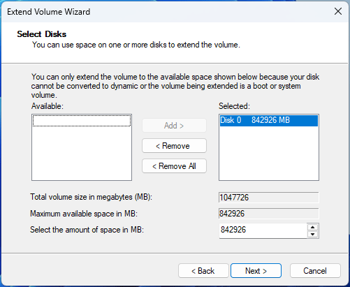 Disk Management Extend Volume Wizard window asking you to select disks.