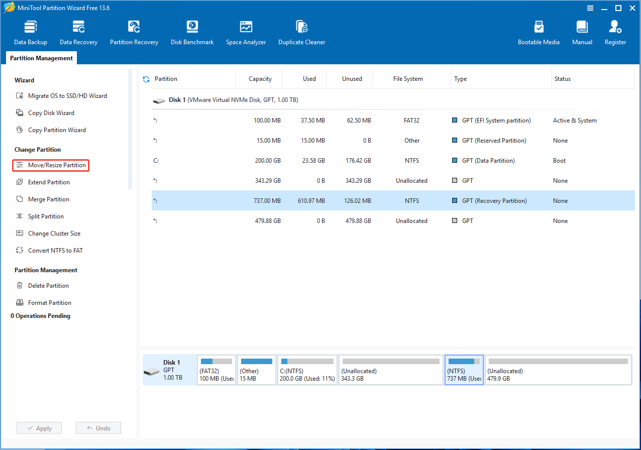 MiniTool Partition Wizard interface with the selected Move Resize Partition feature.