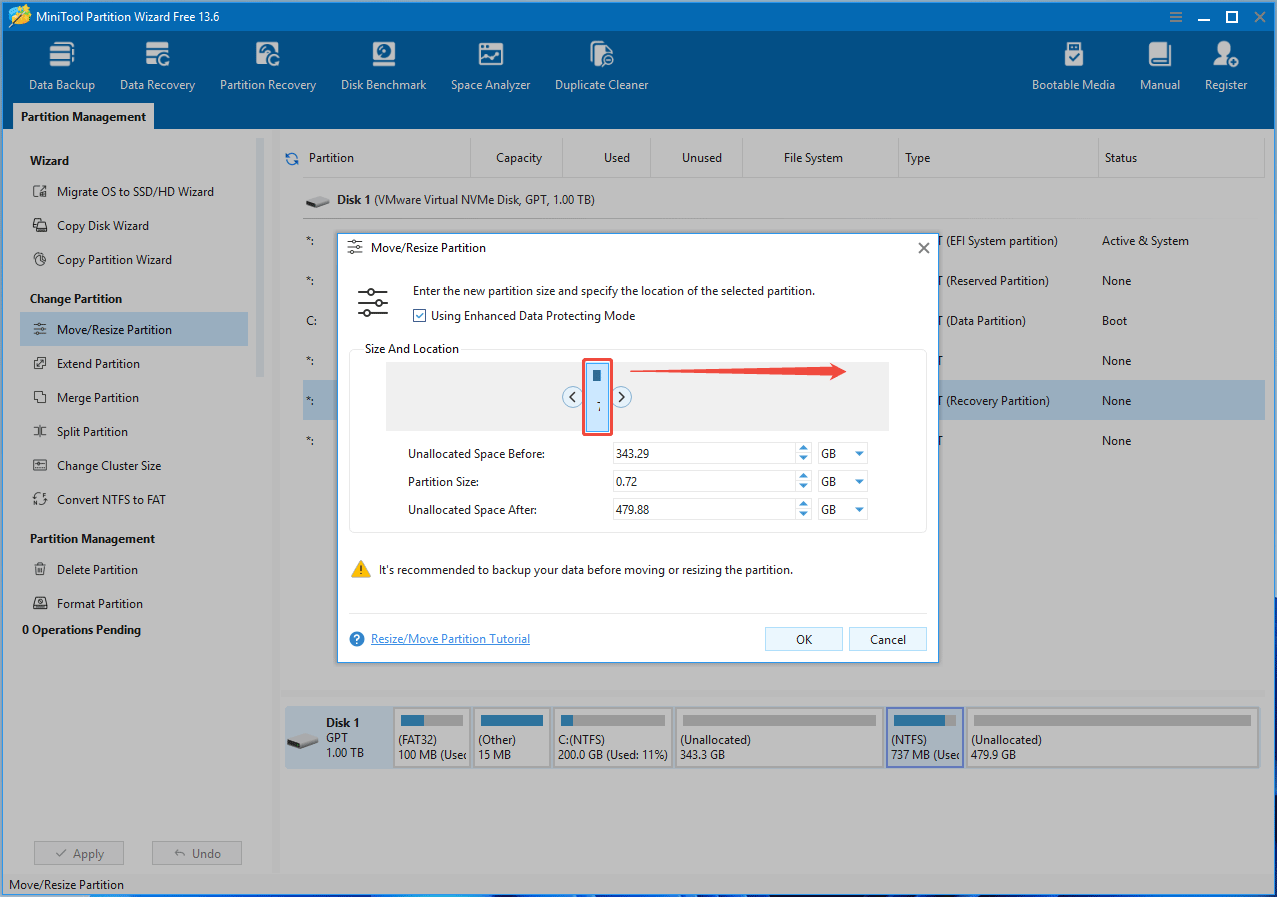 MiniTool Partition Wizard interface with the Move Resize Partition window.