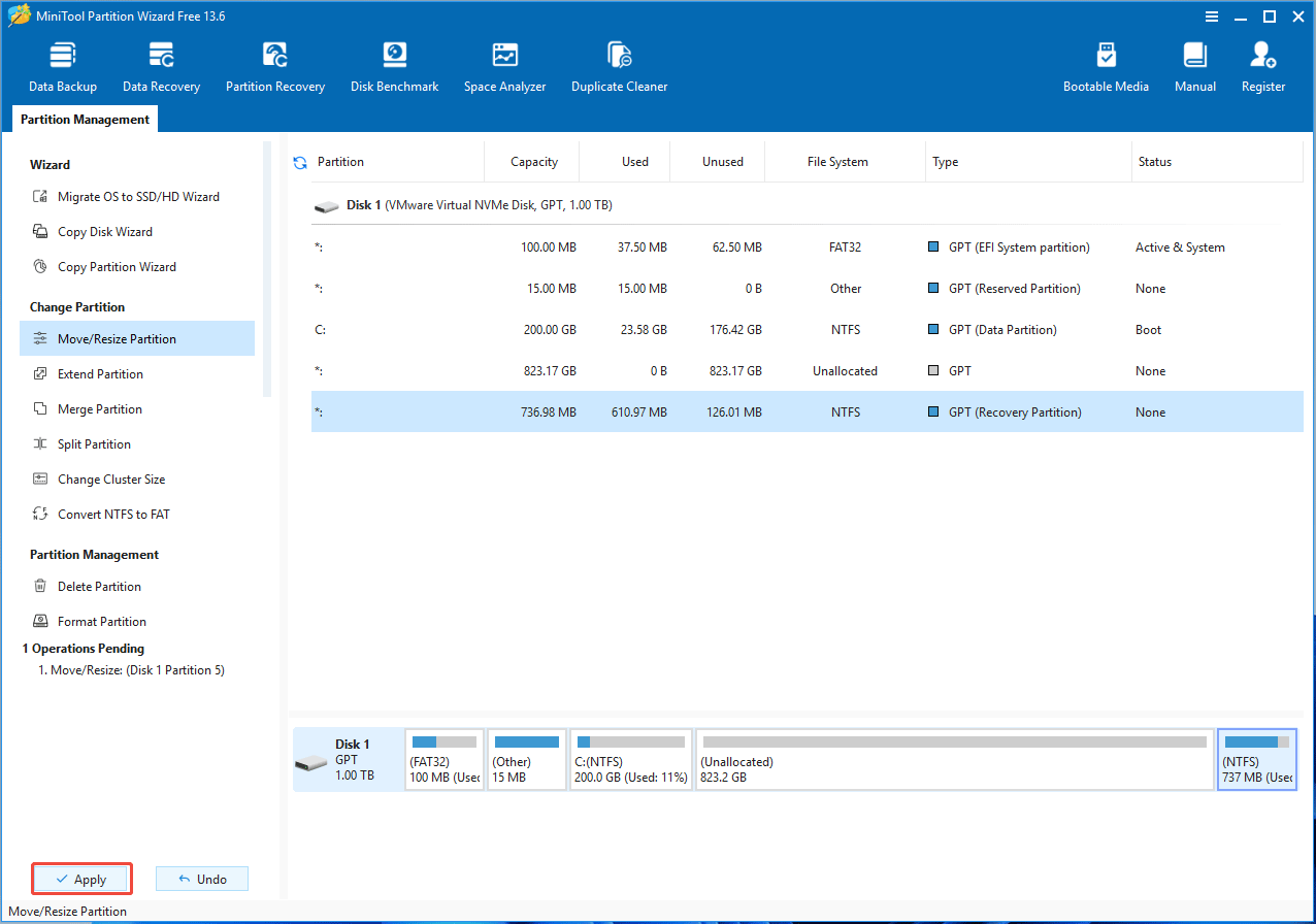 MiniTool Partition Wizard interface with the selected Apply button.