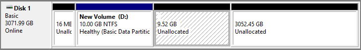 Disk layout showing the unallocated space is divided by an unknown item.