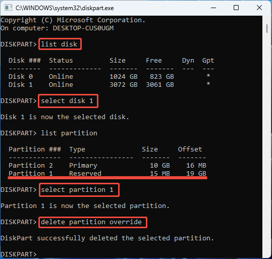 The DiskPart window with the delete partition override command. 