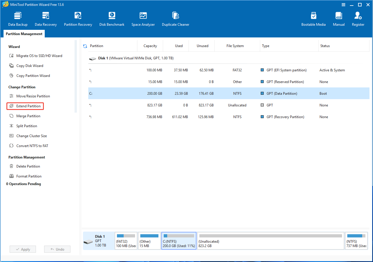 MiniTool Partition Wizard interface with the selected Extend Partition feature.