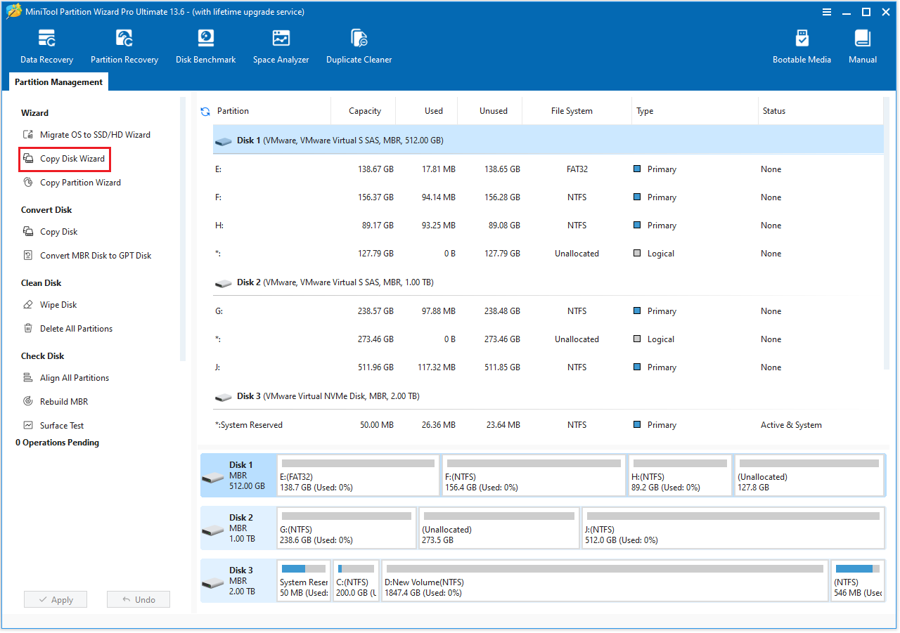 The MiniTool Partition Wizard interface with the selected Copy Disk Wizard option.