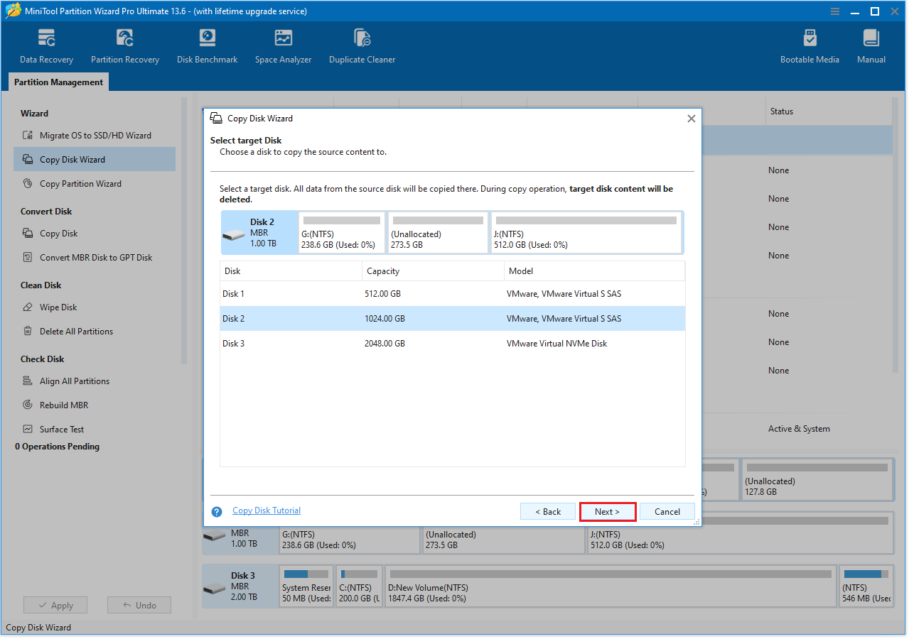 The Copy Disk Wizard interface with the selected Next option.