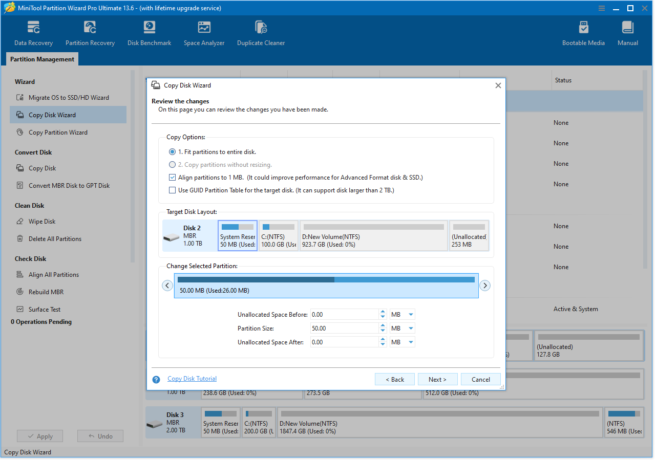The Copy options interface with the selected Next option.