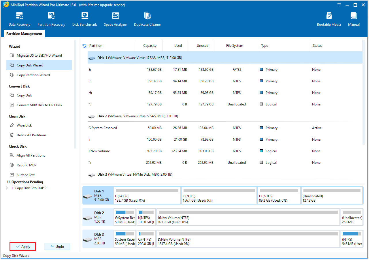 The MiniTool Partition Wizard Copy Disk 3 to Disk 2 interface with the selected Apply option.