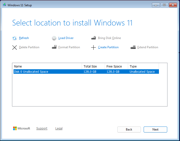 The Selected location to install Windows 11 interface with the selected Next option.