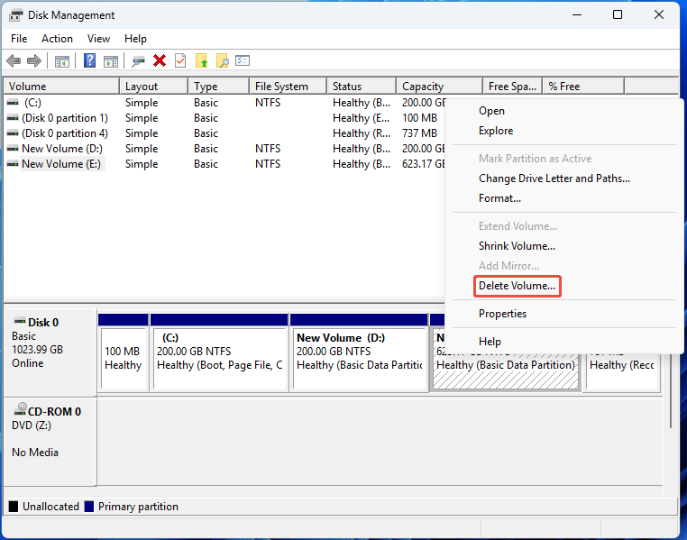 Disk Management interface with the selected Delete Volume option.