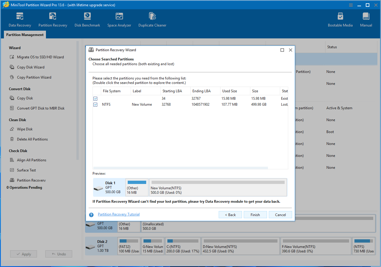 MiniTool Partition Wizard interface with the partition recovery window asking you to tick partitions to recover.