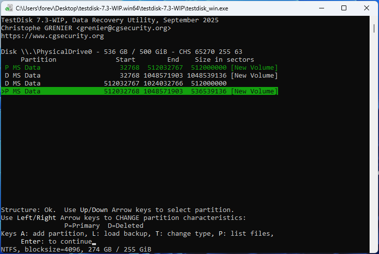 The TestDisk interface with selected partitions to recover.