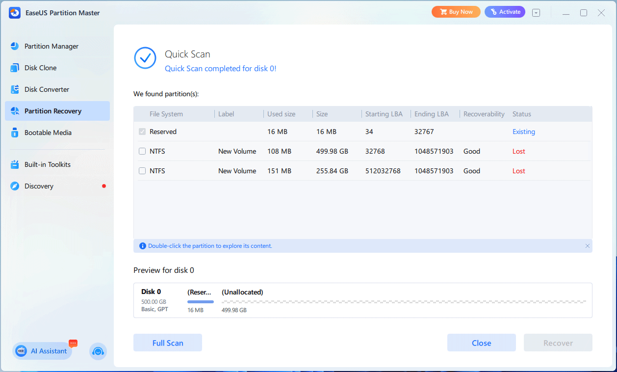 EaseUS Partition Master Partition Recovery interface with lost partitions displayed.