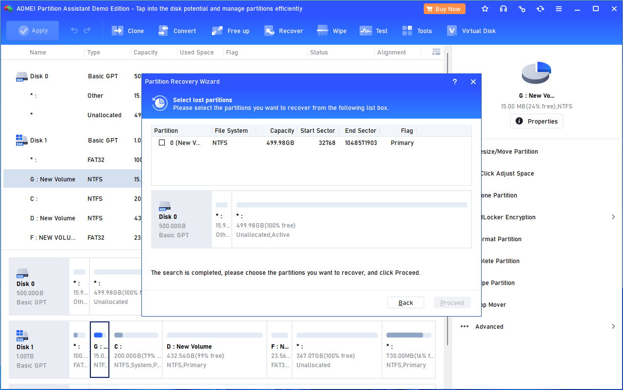 AOMEI Partition Assistant Partition Recovery interface with lost partitions listed.