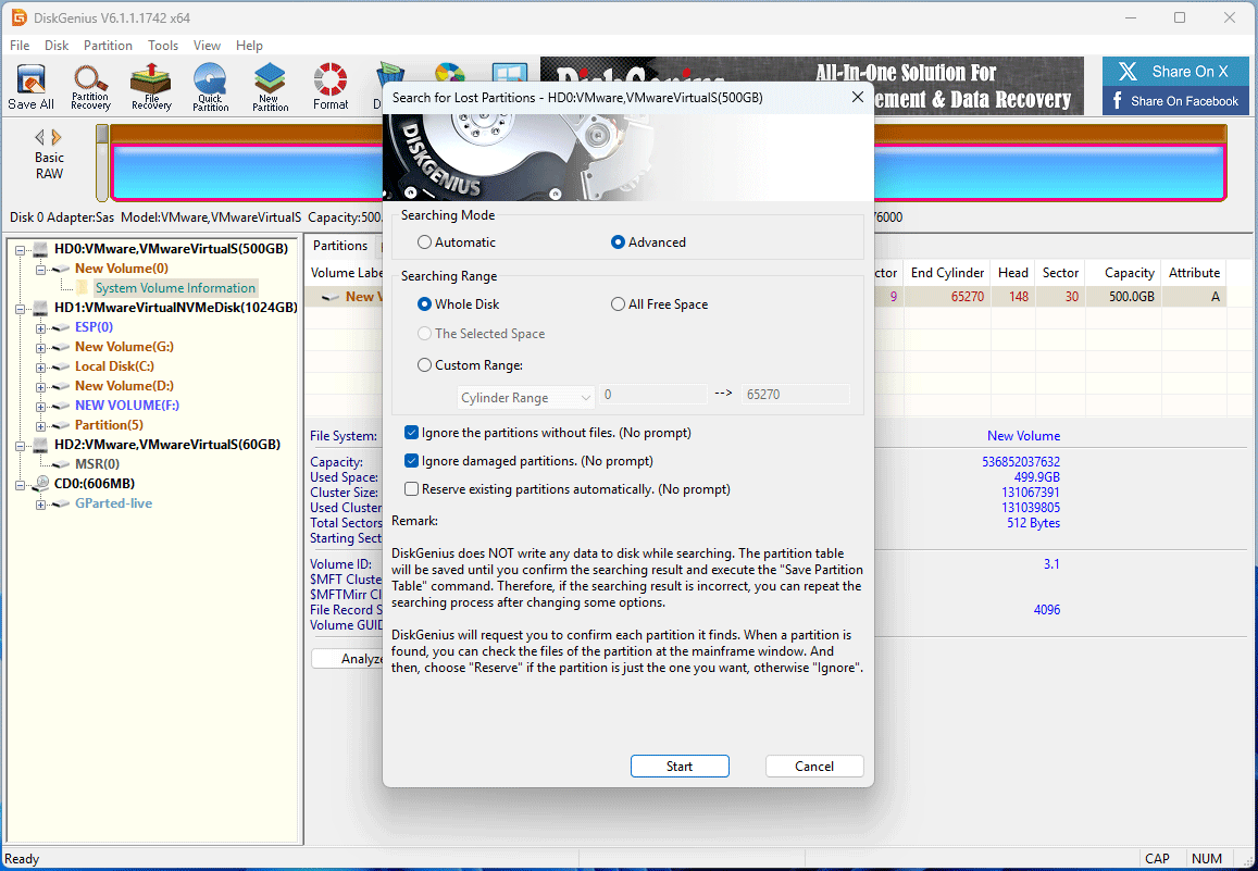 DiskGenius interface with the Partition Recovery window.
