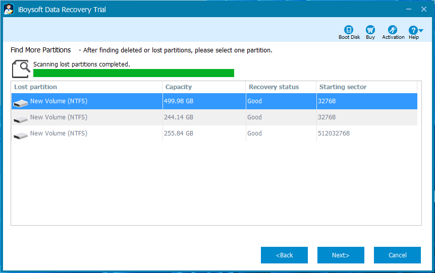 The iBoysoft Data Recovery Trial interface showing the found lost partitions.
