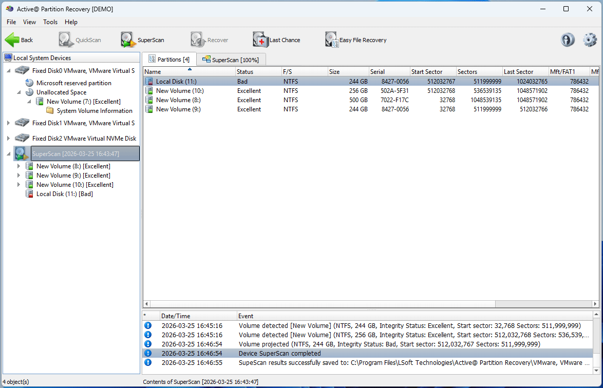 The Active Partition Recovery interface showing the SuperScan results.