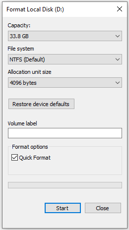 The File Explorer Format Local Disk D interface with the selected Start option.