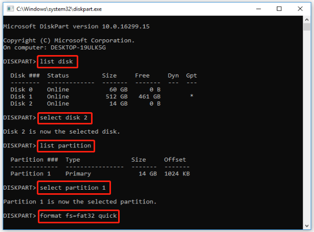 The Diskpart interface to quick format the disk.