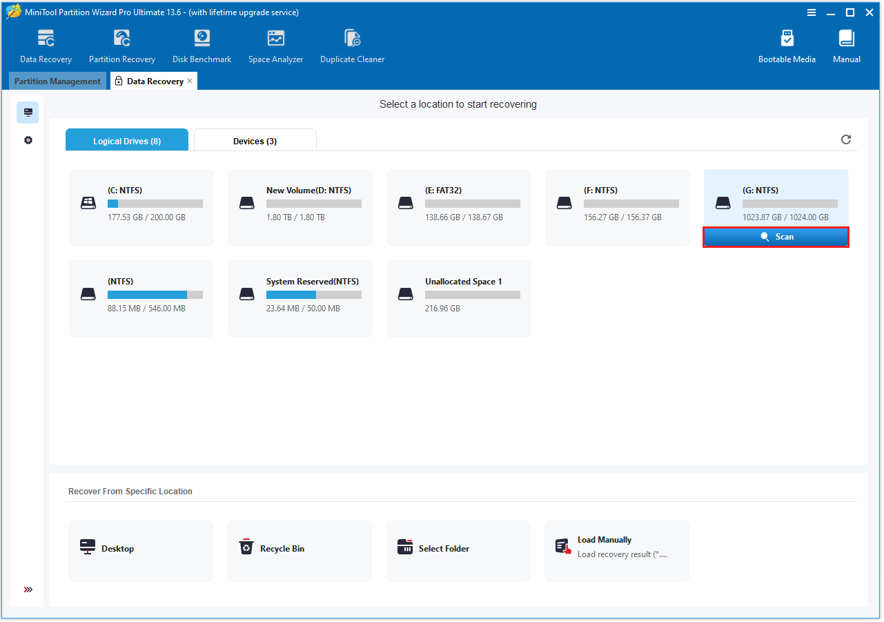 The Logical Decives interface with the selected Scan option.