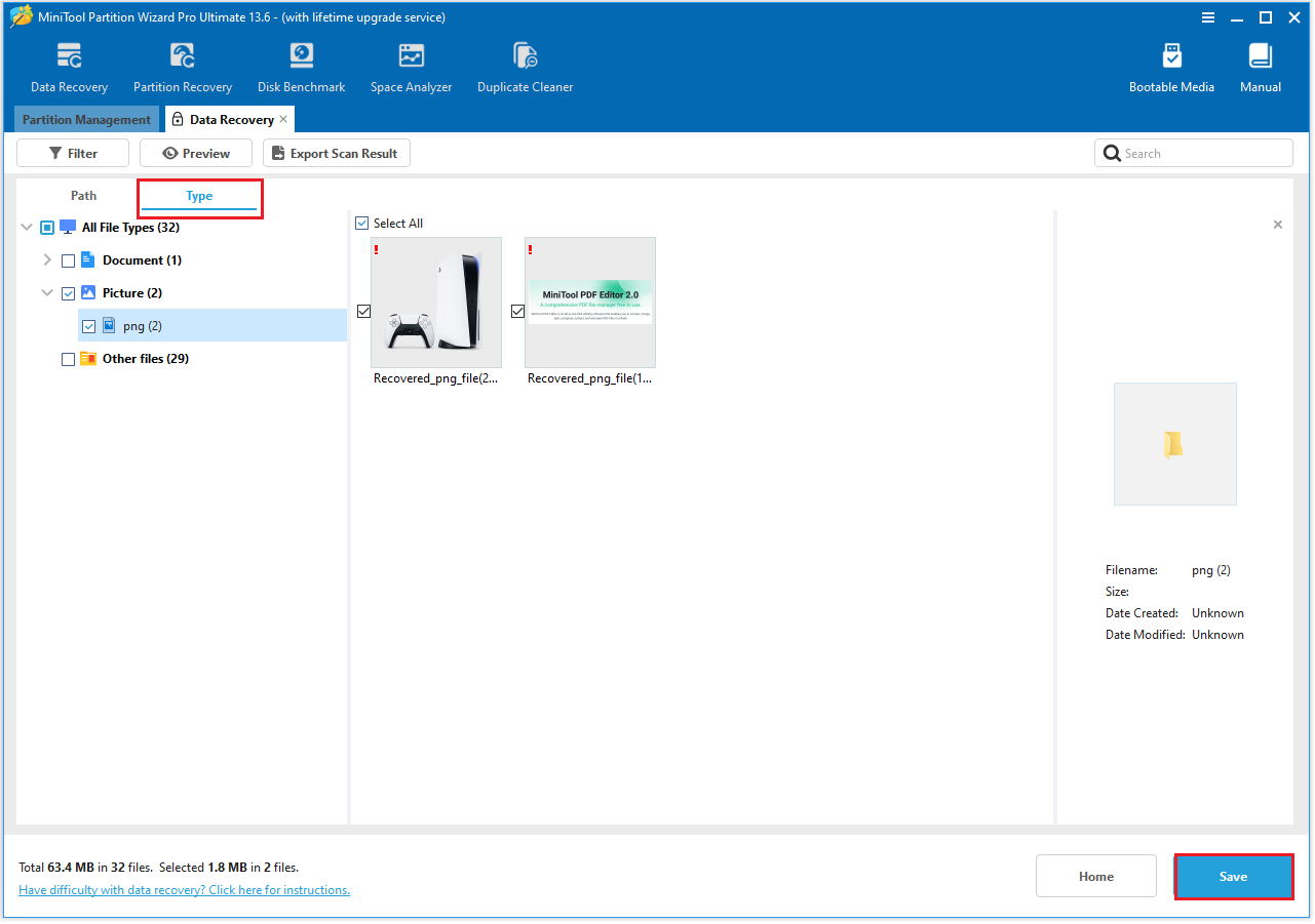 The Data Recovery interface with the selected Save option.