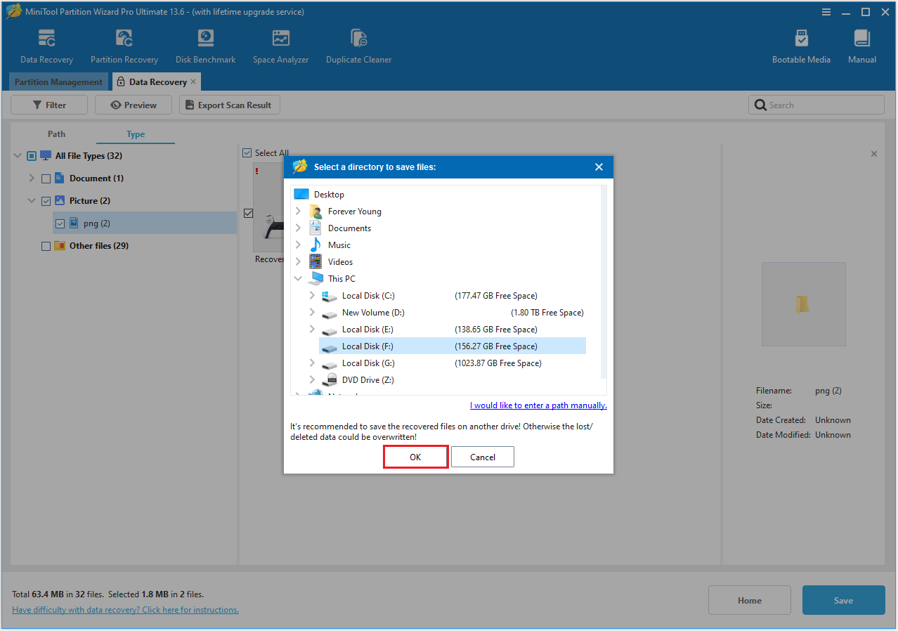 The Select a directory to save files interface with the selected OK option.