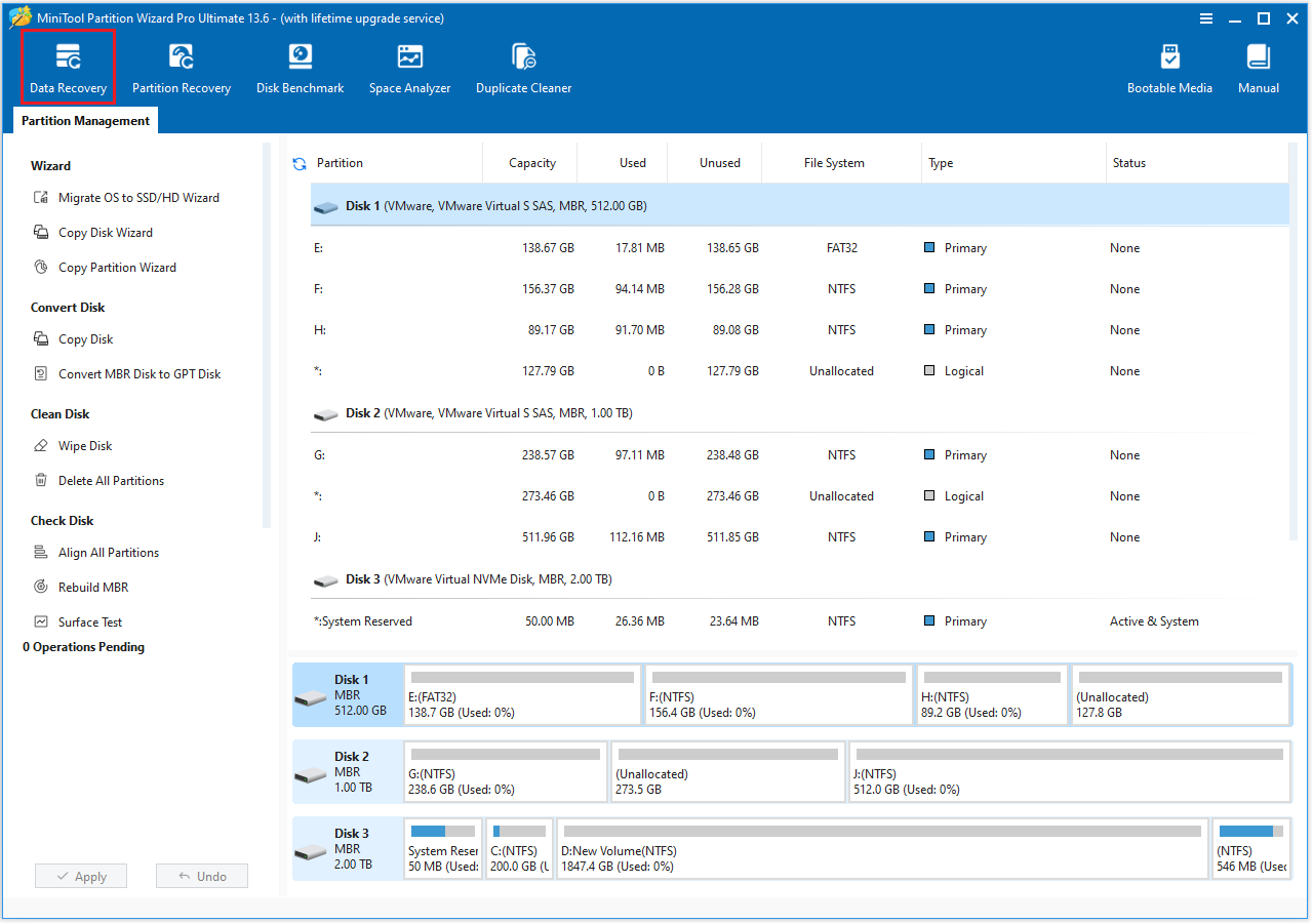 The MiniTool Partition Wizard interface with the selected Data Recovery feature.