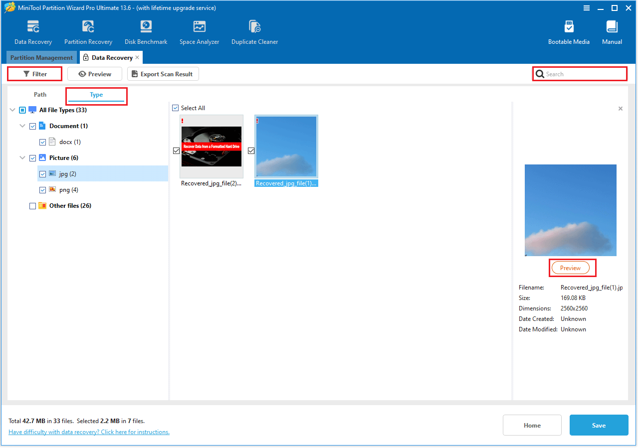 The Data Recovery Type interface with the selected Preview option.