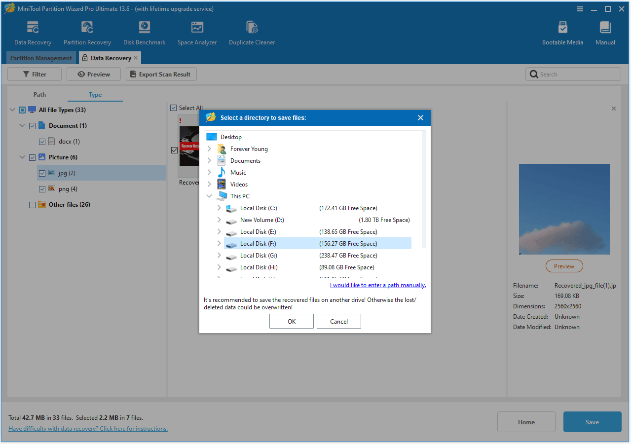 The Select a directory to save files interface with the selected OK option.