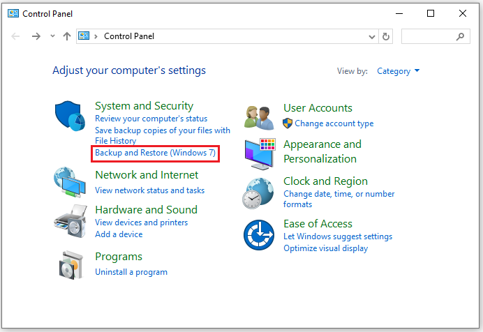 The Control Panel interface with the selected Backup and Restore Windows 7 option.