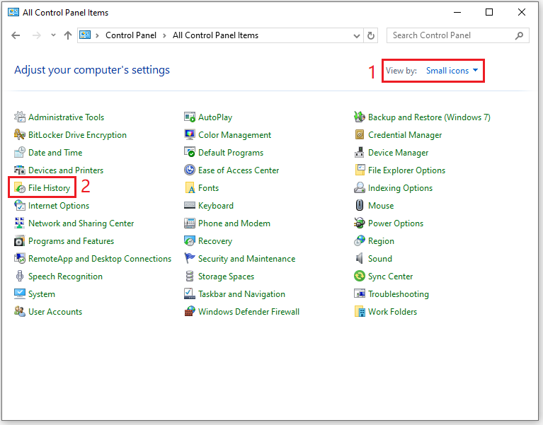 The All Control Panel Items interface with the selected Small icons and the File History option.