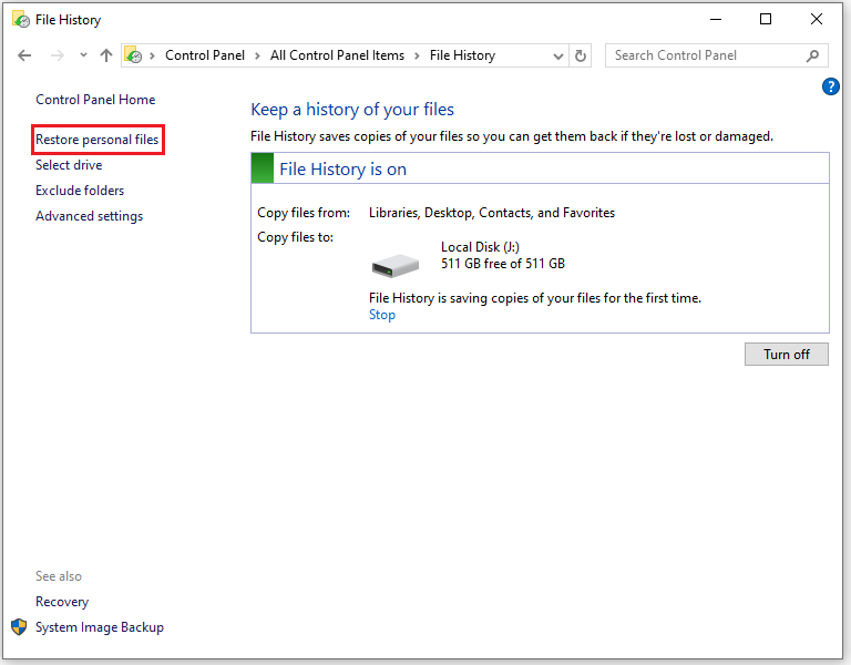 The File History interface with the selected Restore personal files option.