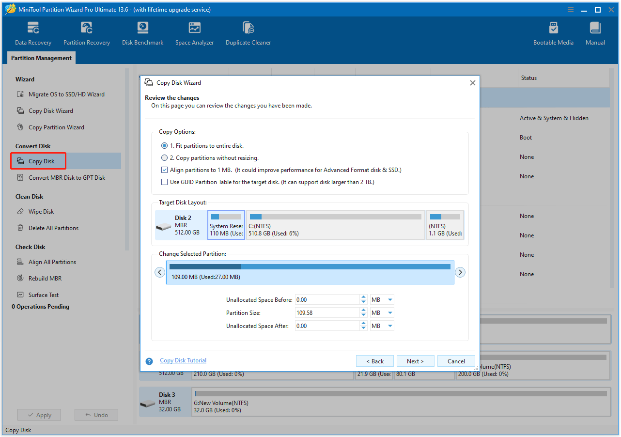 The MiniTool Partition Wizard interface with the Copy Disk option selected and the Review the changes window shown.