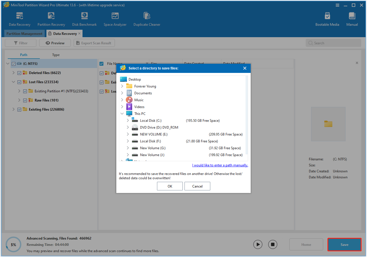 The MiniTool Partition Wizard interface with the Save button selected and the saved location window shown.