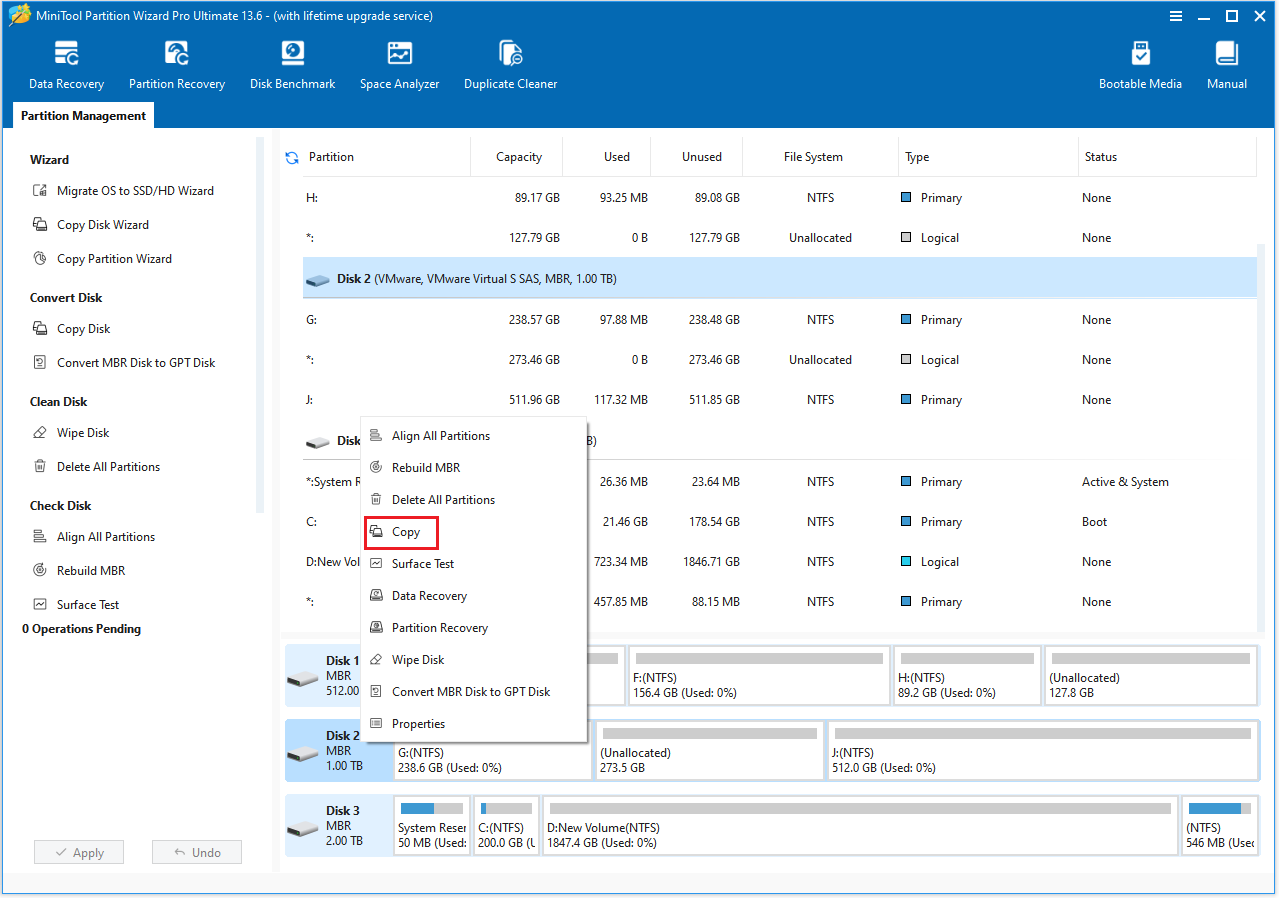 The MiniTool Partition Wizard interface with the selected Copy option.