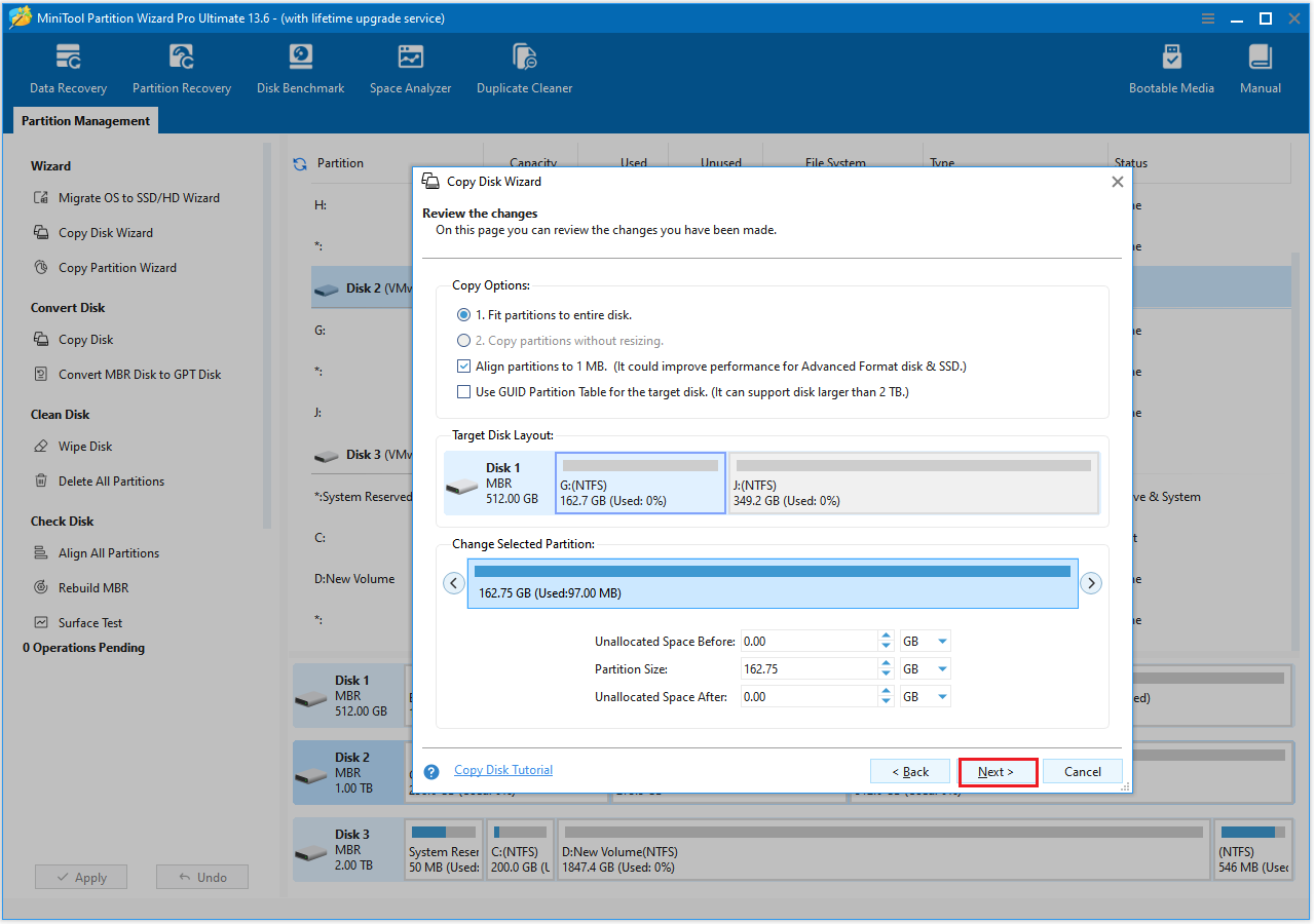 The Copy Disk Wizard interface with the selected copy option, and the Next option.