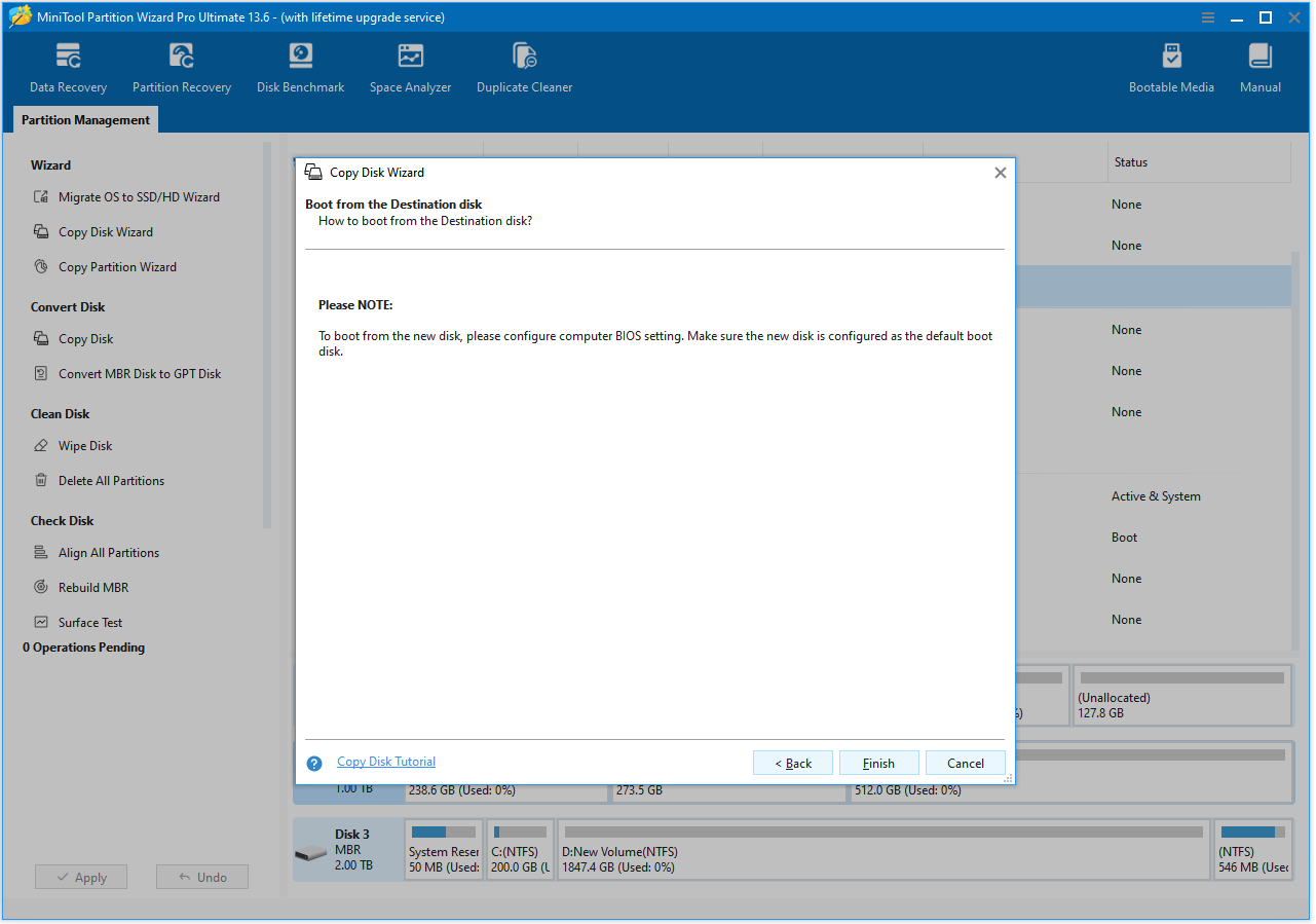 The Boot from the Destination disk interface with the selected Finish option