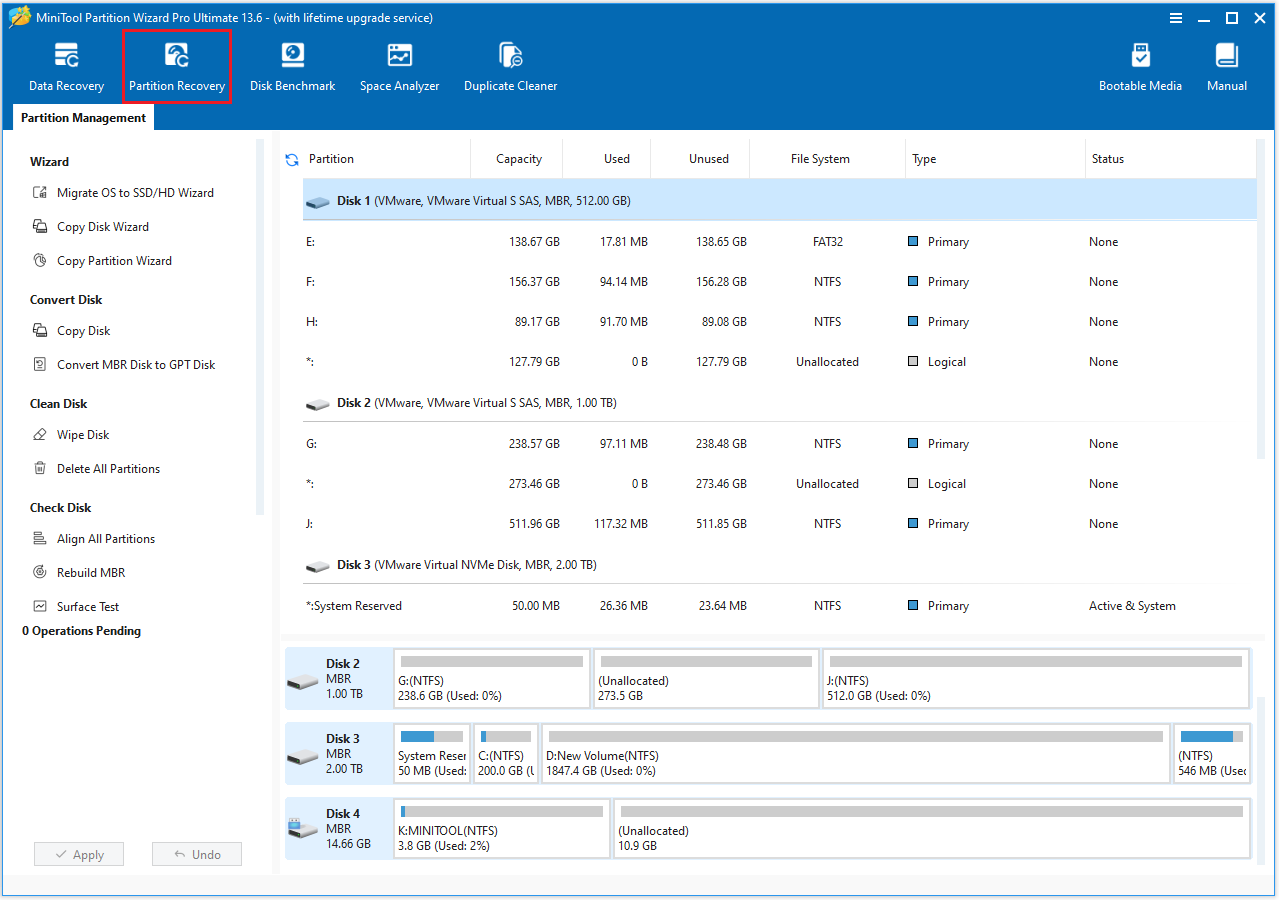 The selected Partition Recovery option of the MiniTool Partition Wizard interface.