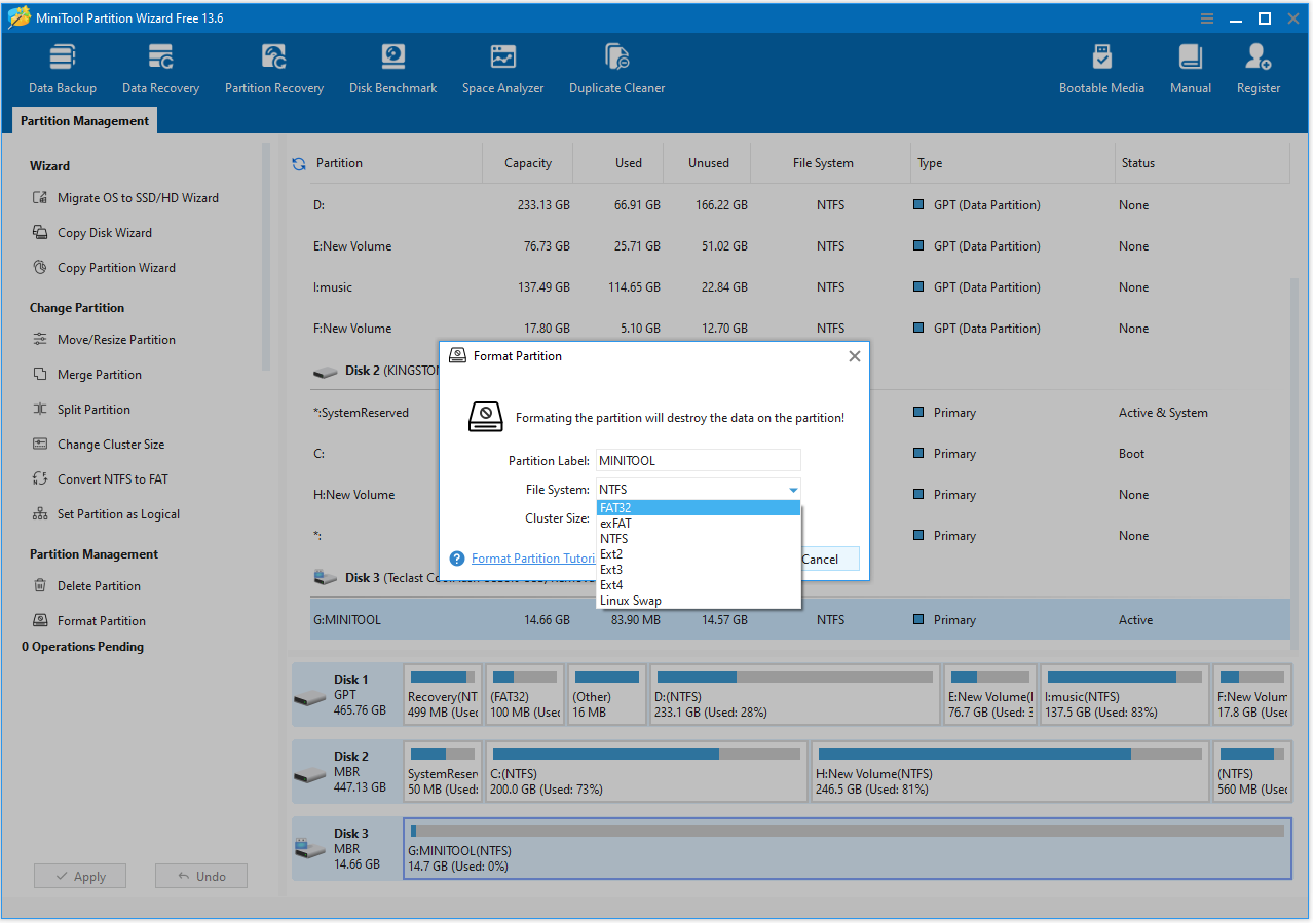 The MiniTool Partition Wizard Format Partition interface with the selected OK, and Apply options.