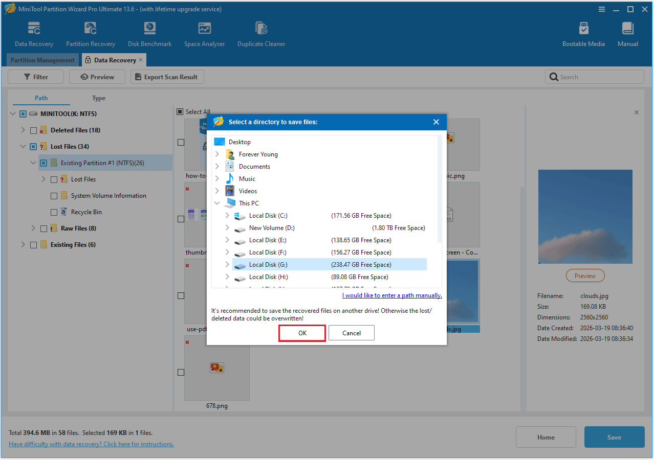 The Select a directory to save files interface with the selected OK option.