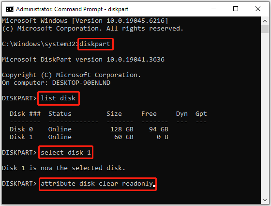The Command Prompt interface to clear the SD card read only status.