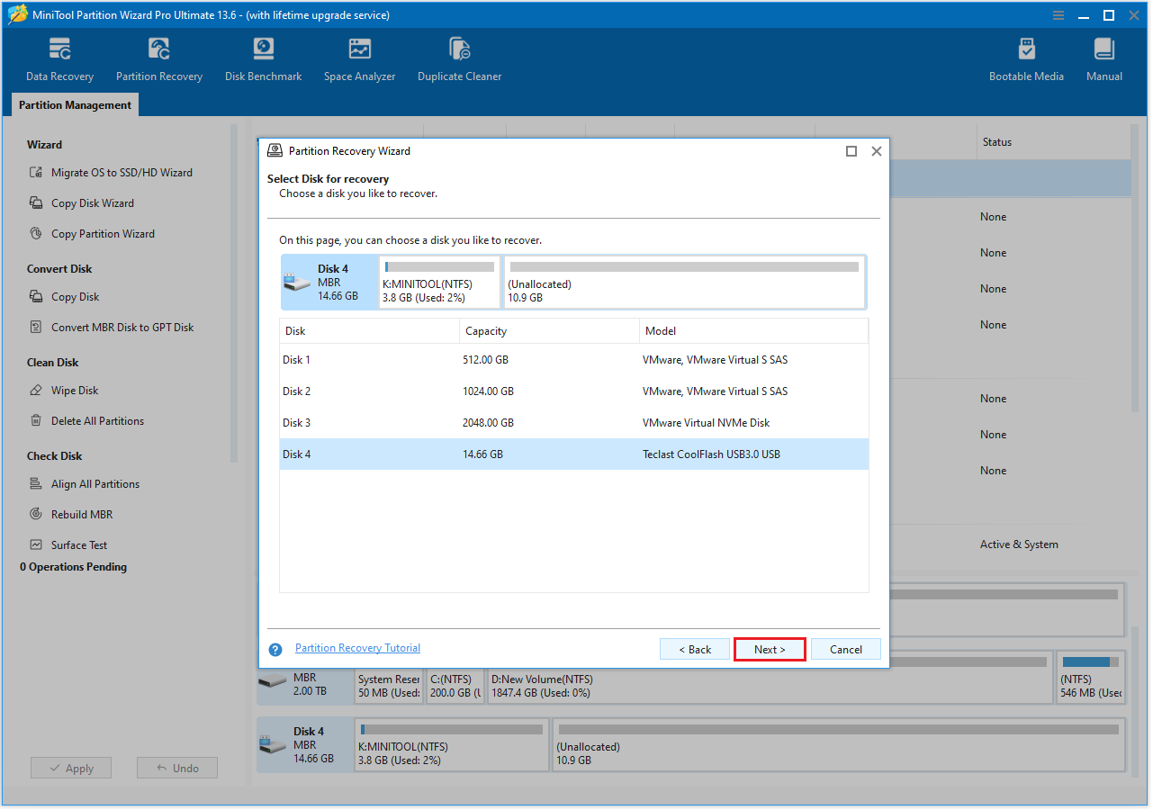 The Select Disk for recovery interface with the Next option.