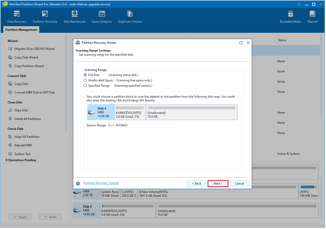 MiniTool Partition Wizard interface with the Partition Recovery window to select the scanning range.