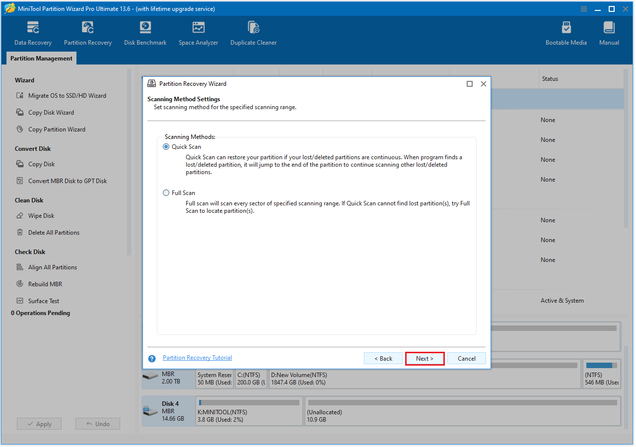 MiniTool Partition Wizard interface with the selected Quick Scan option.