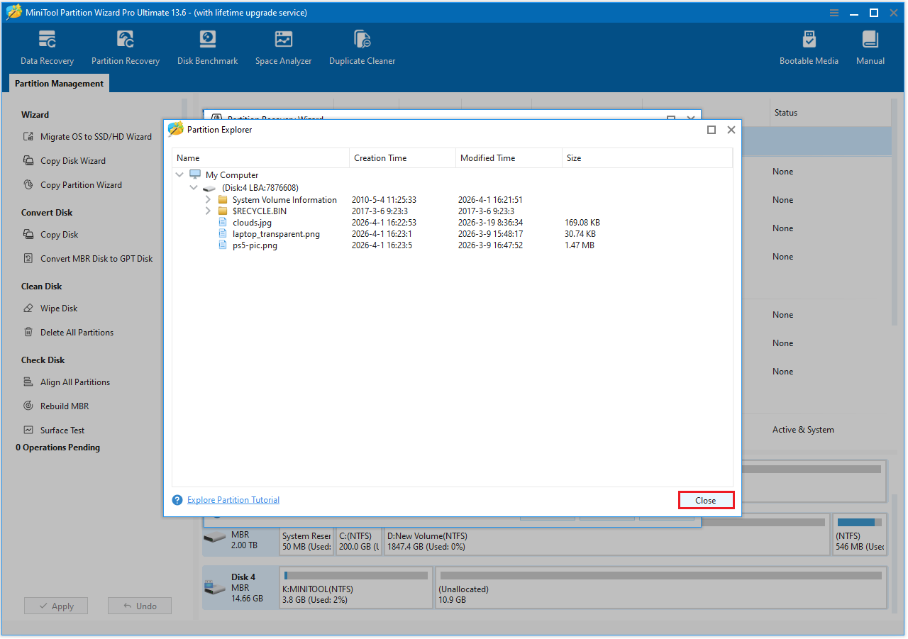 The Partition Explorer interface showing the directory structure of the partition to be recovered in MiniTool Partition Wizard.