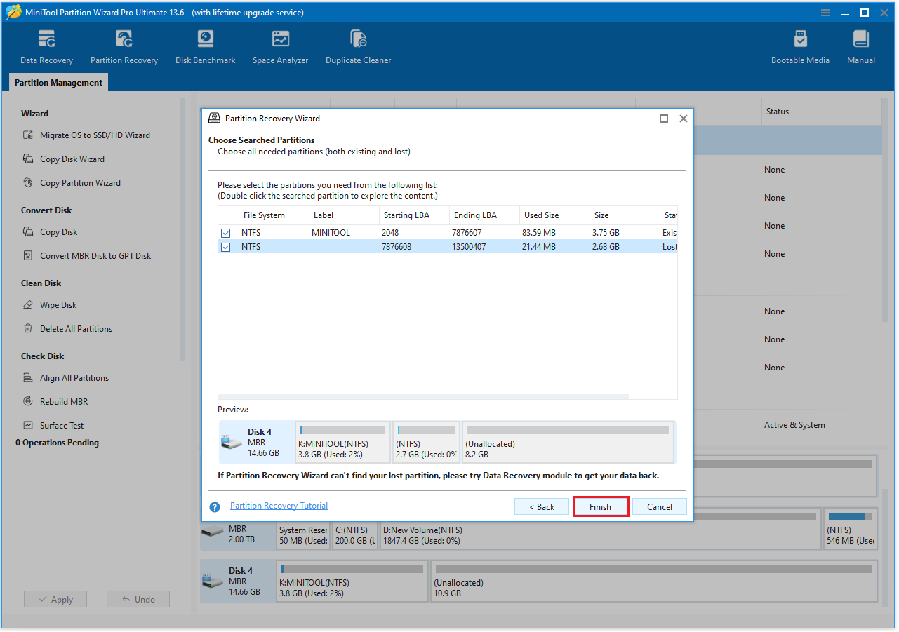 MiniTool Partition Wizard interface with the window to select partitions to be recovered.