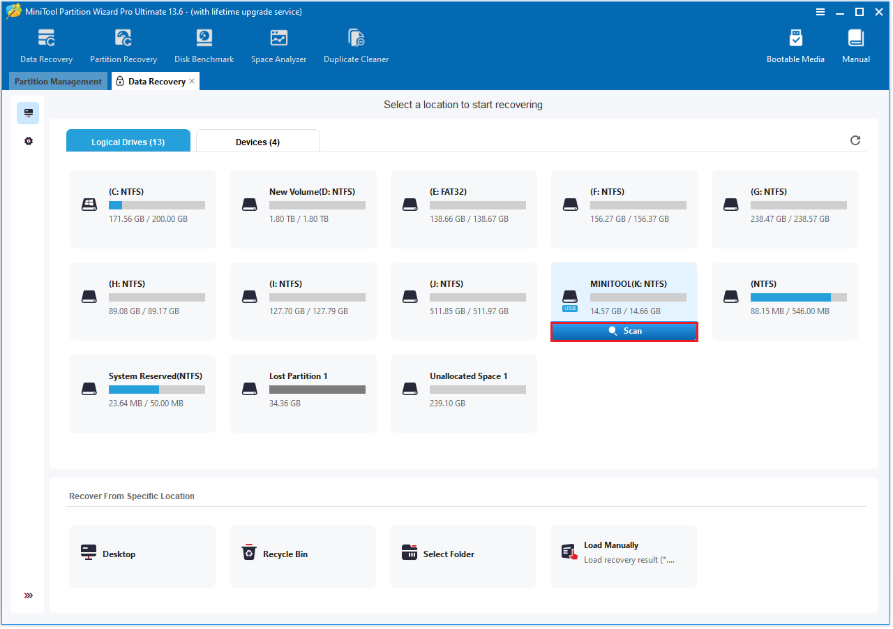 The Logical Decives interface with the selected Scan option.