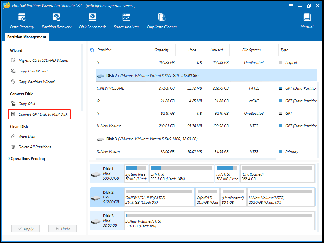 The MiniTool Partition Wizard interface with the Convert GPT Disk to MBR Disk option selected.
