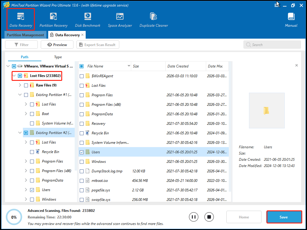 The bootable MiniTool Partition Wizard Data Recovery interface with the scanning results to choose.