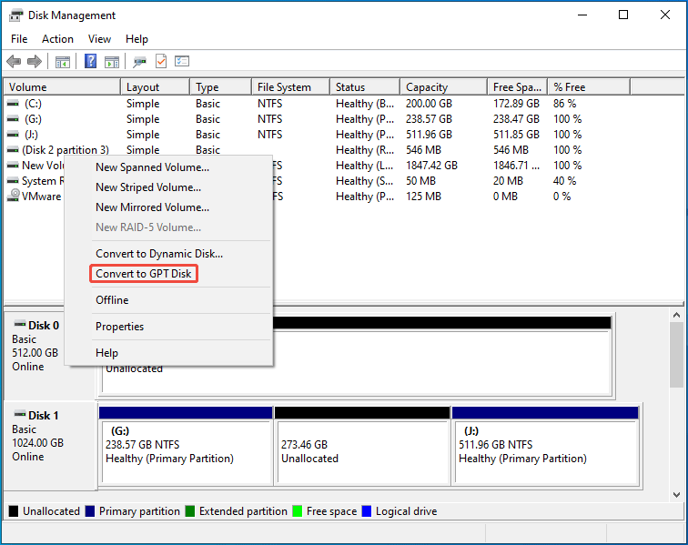 Disk Management interface with the selected Convert to GPT Disk option.
